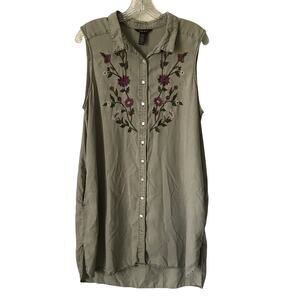 Terre Bleue Dress Size XL Womens Gray Button Up Sleeveless Embroidery Floral